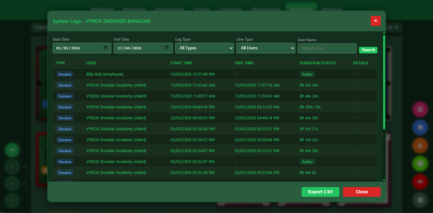 Snooker King staff activity tracking — operator audit log of every login, action, and shift event for fraud prevention