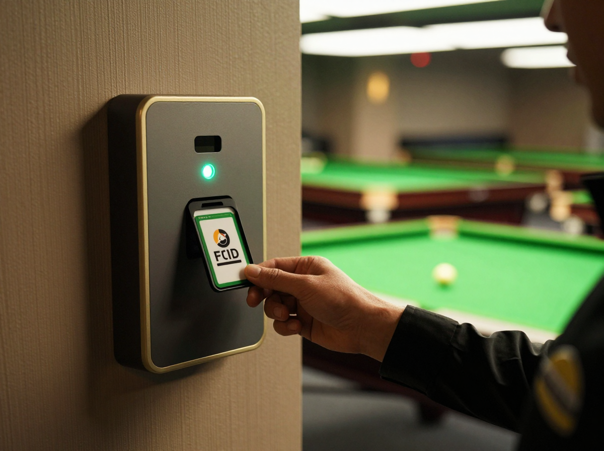 Snooker King staff attendance — employee taps an RFID badge at a wall-mounted clock-in terminal on the club floor