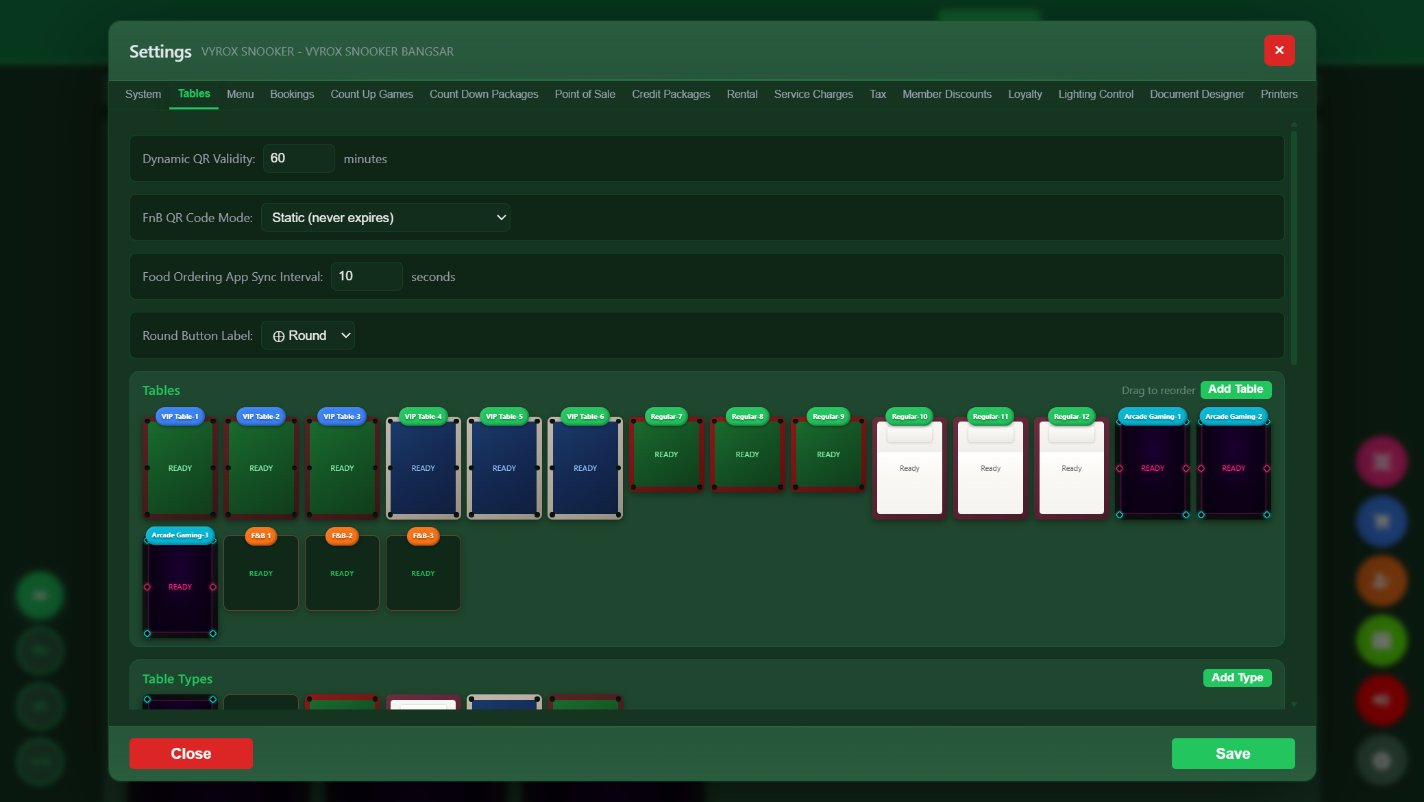 Snooker King tables and zones — drag-to-reorder VIP Arena and Regular Hall layout, table-type defaults