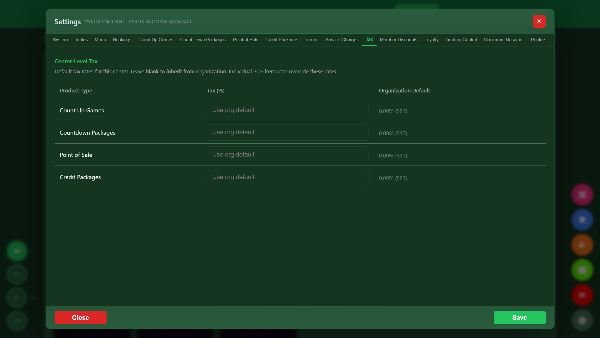 Snooker King SST and Malaysia e-invoice tax engine — per-product overrides, organization-default fallback