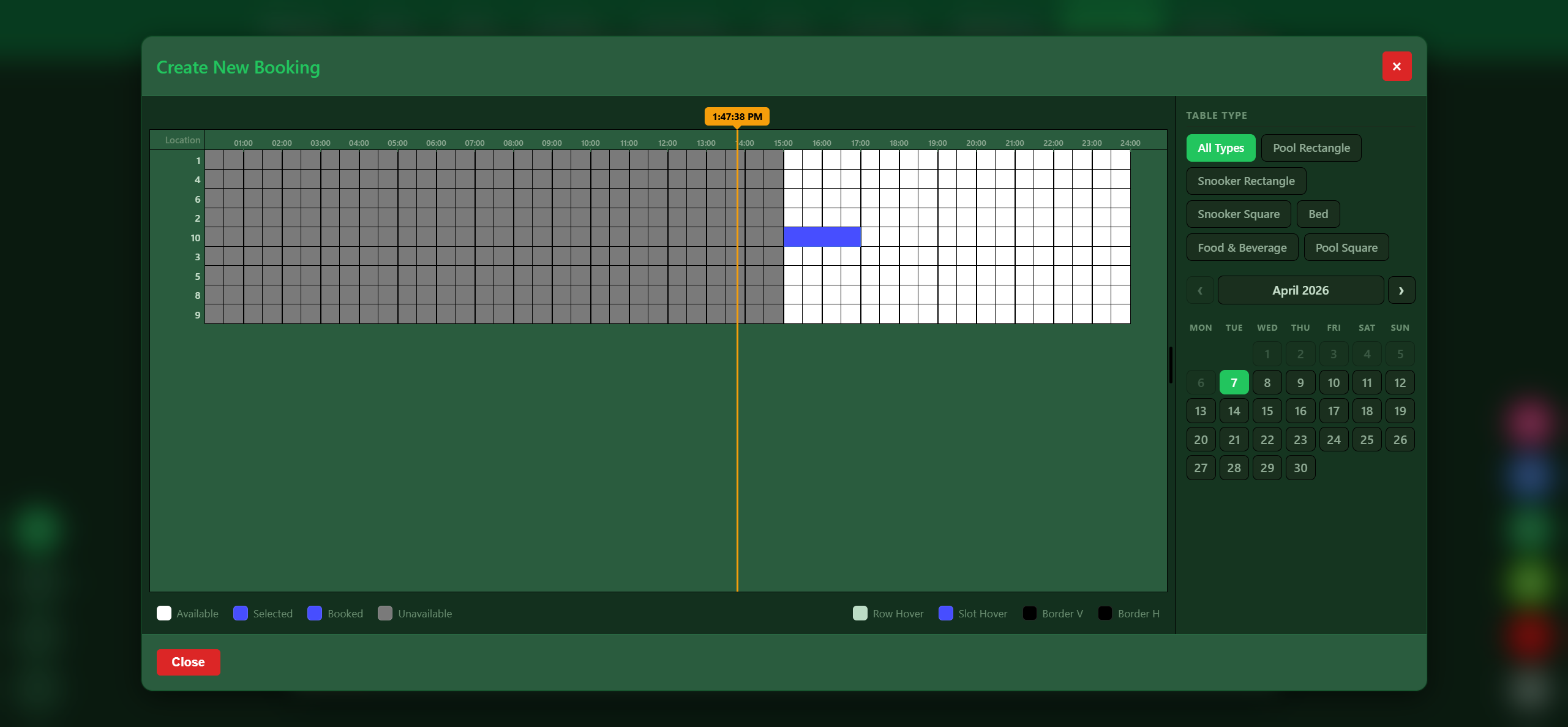 Snooker King advance table booking with interactive calendar