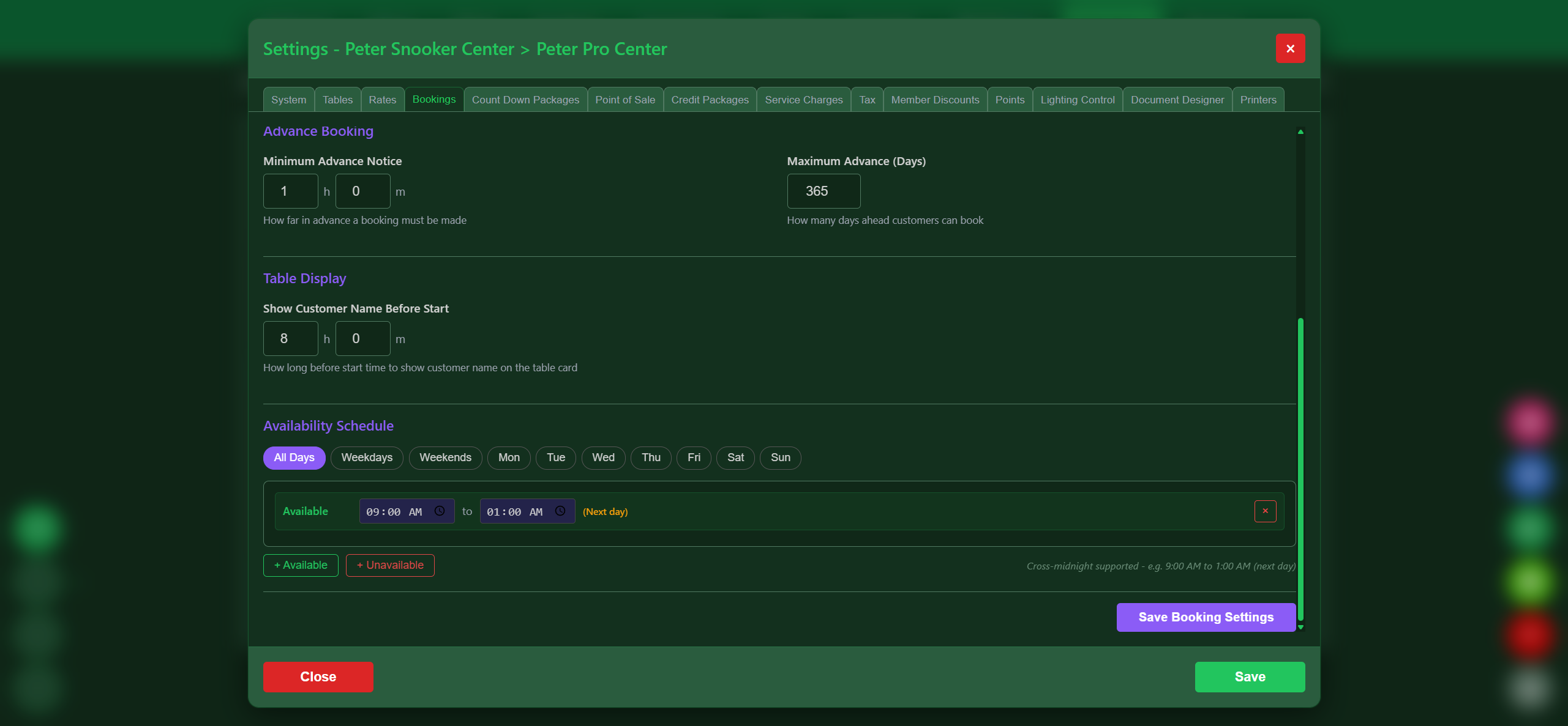Snooker King booking availability and time slot configuration