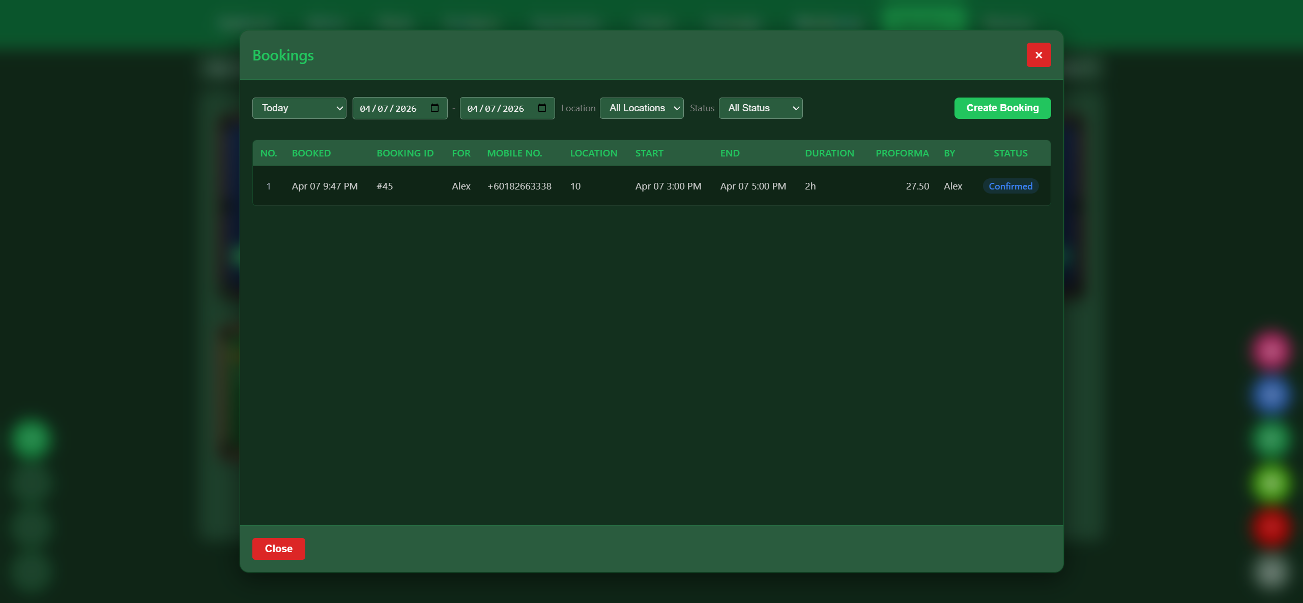Snooker King booking calendar view with daily and weekly schedule