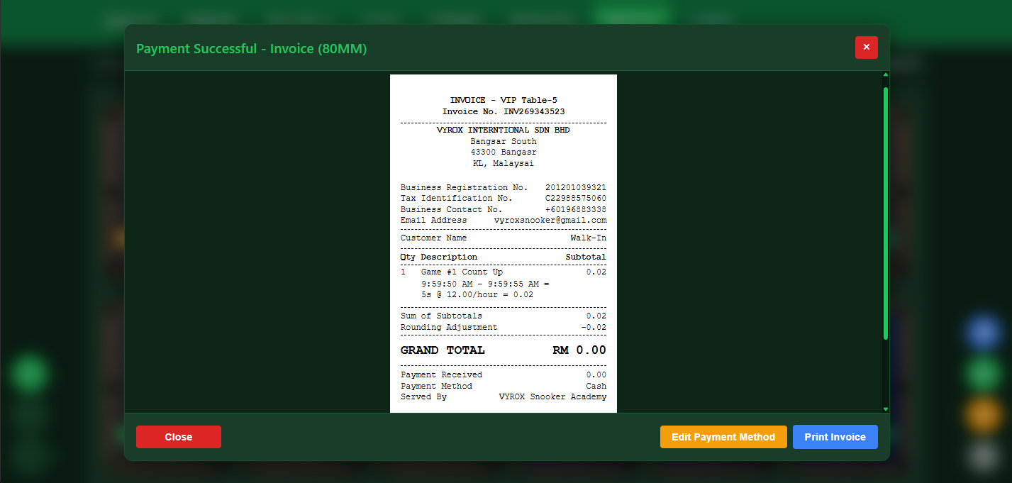 Snooker King automated invoice and billing management with LHDN e-invoice compliance for Malaysian snooker centers