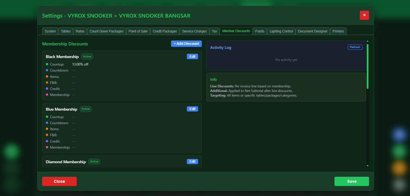 Snooker King member discount and dynamic pricing configuration for snooker center rate management