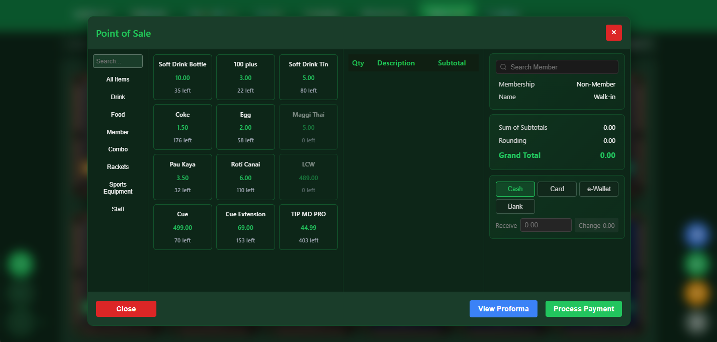 Snooker King POS inventory management with stock tracking