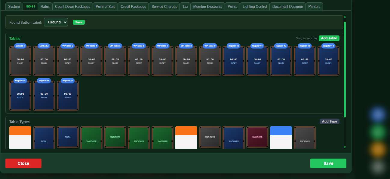 Snooker King table types configuration with custom names colors and zones