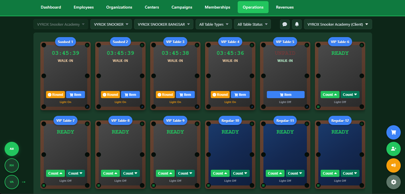 Snooker King real-time table operations dashboard showing live session status, timer tracking, and table availability for snooker center management